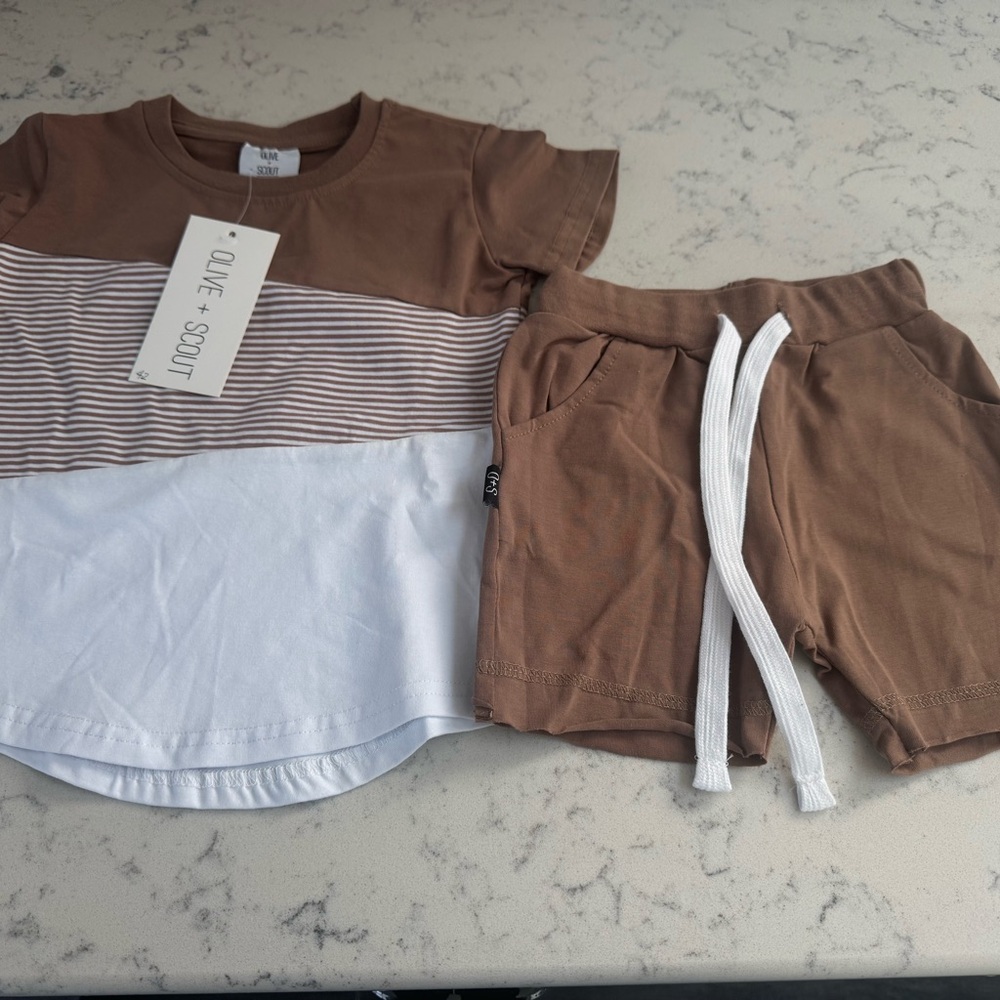 NWT Olive + Scout 18-24month Brown and White Kids Shirt & Shorts Set